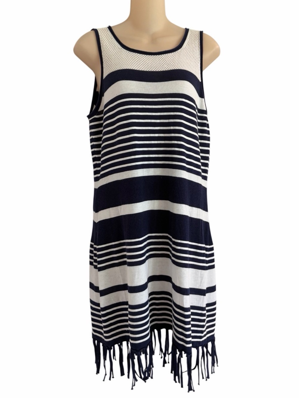 Tommy Bahama Stripe Tank Dress Fringe Hem Blue White Size Small